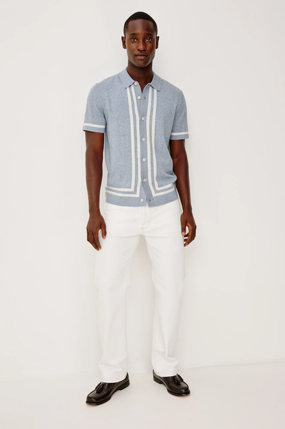 LEO -SKY WHITE striped blue knit sweater polo by RAILS, men's casual short sleeve style