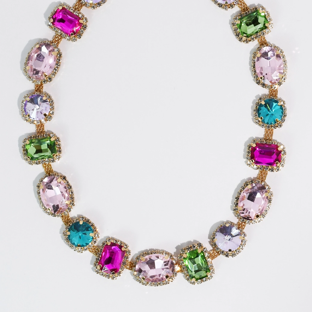 Royal Bloom Necklace with vibrant multicolor faceted gemstones in gold tone by TREASURE JEWELS