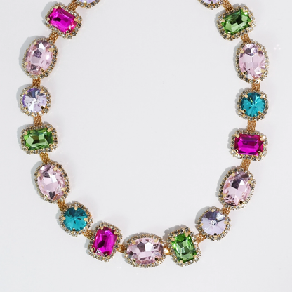 Royal Bloom Necklace with vibrant multicolor faceted gemstones in gold tone by TREASURE JEWELS