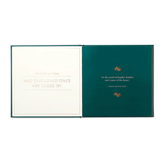 Open book showing heartfelt quotes on white and dark green pages with gold lettering, embodying the spirit of The Most Wonderful Time Of The Year.