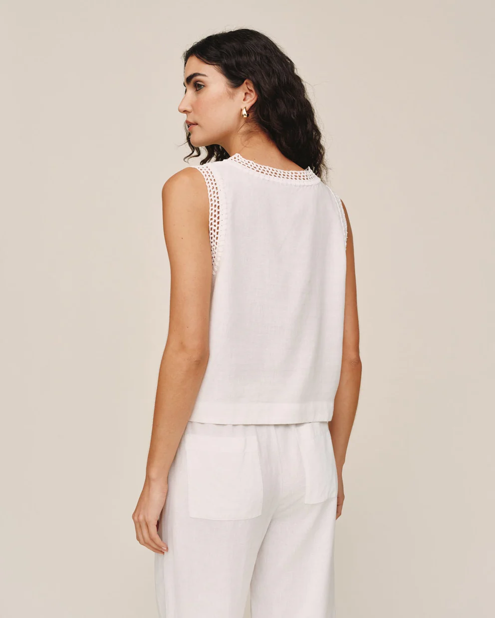Sleeveless Crochet Edge Top in white Tencel blend with delicate crochet trim by BELLA DAHL