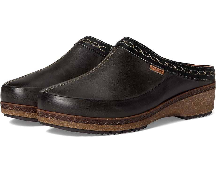 Granada W0W-3922C2 black leather clogs with cork sole and elastic closure by PIKOLINOS