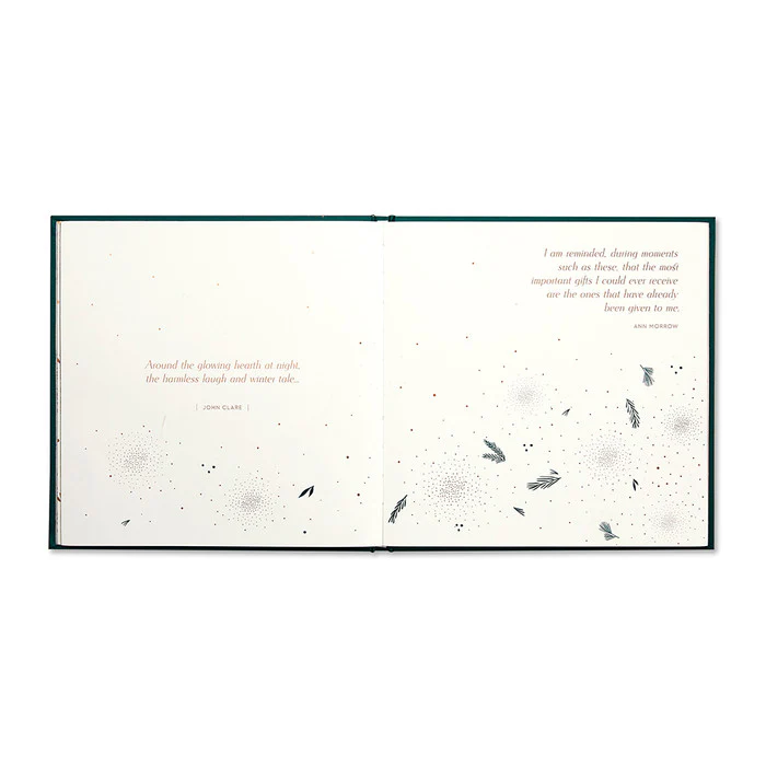 Open book spread featuring delicate illustrations of fireflies and soft text passages set against a clean white background, evoking calm reflection and warmth, titled The Most Wonderful Time Of The Year.