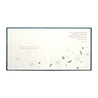 Open book spread featuring delicate illustrations of fireflies and soft text passages set against a clean white background, evoking calm reflection and warmth, titled The Most Wonderful Time Of The Year.