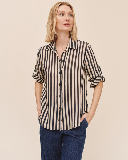 Split Back Button Down - Black/Ecru Stripe
