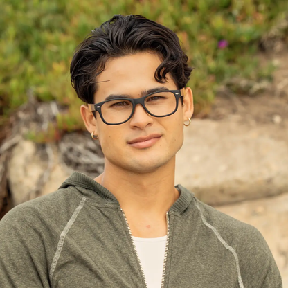 River glasses, matte onyx black rectangular frames with multi-wood side panels