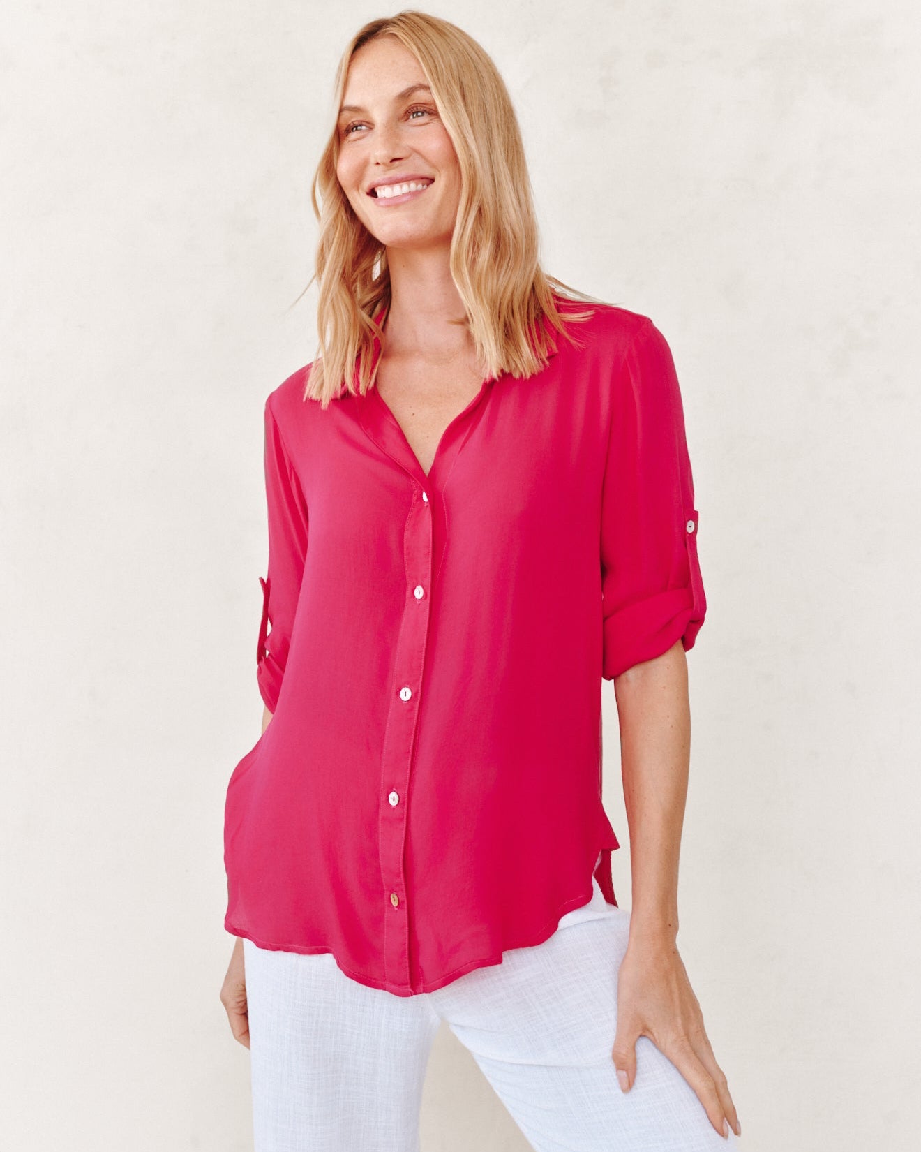 CLEAN SHIRT WITH ROLL SLEEVE in vibrant red, lightweight rayon, curated Fredericksburg boutique