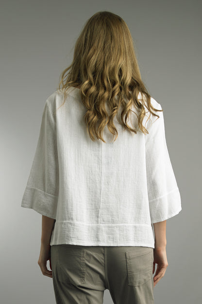 Back view of white N-Neck Top in breathable linen, relaxed fit, from TEMPO PARIS Women's shirts collection