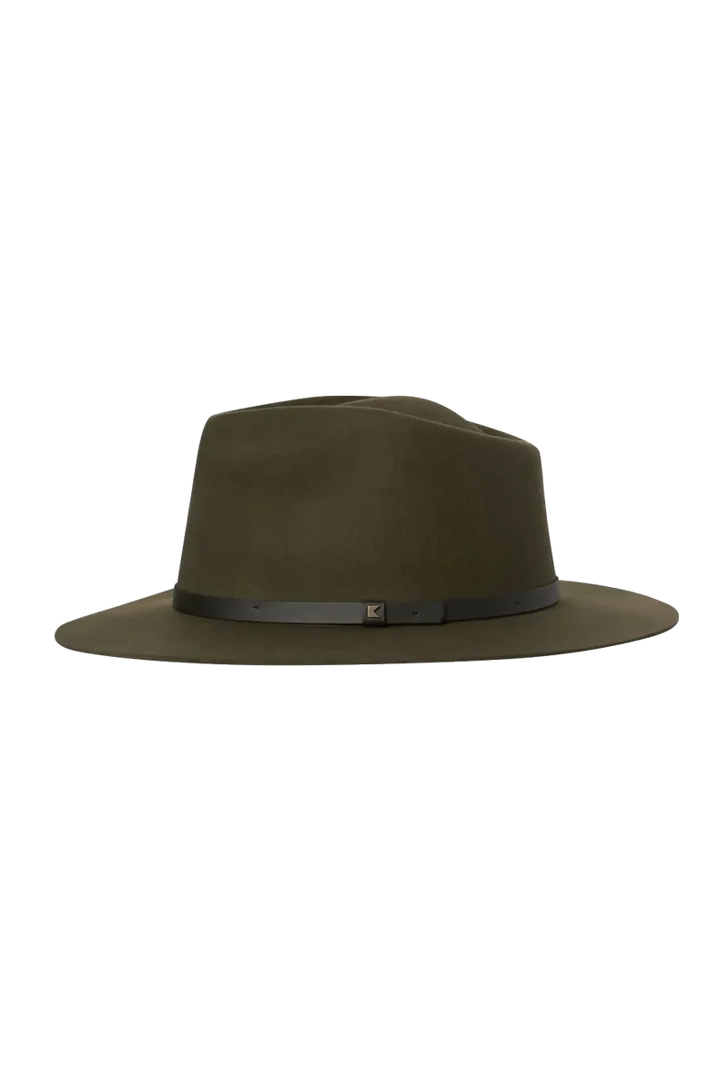 Goodwin Wide Brim Fedora in green Australian Merino wool with slim black leather band, KOORINGAL HEADWEAR