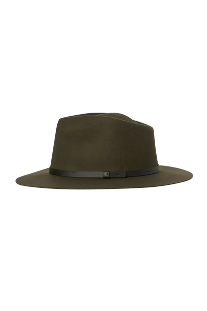 Goodwin Wide Brim Fedora in green Australian Merino wool with slim black leather band, KOORINGAL HEADWEAR
