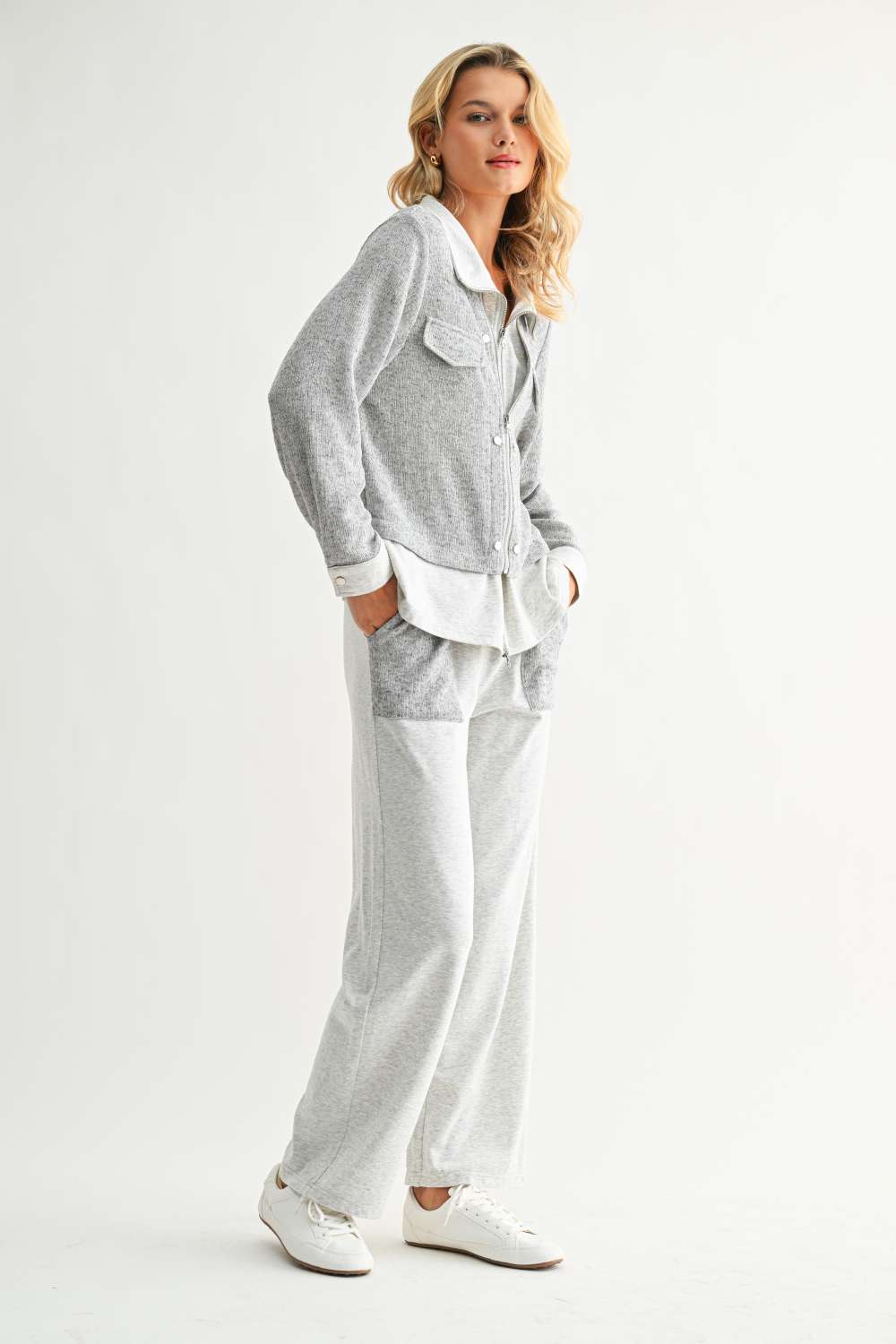 Jeannie Pant in gray and white with relaxed straight leg and contrast patch pockets by JOH APPAREL