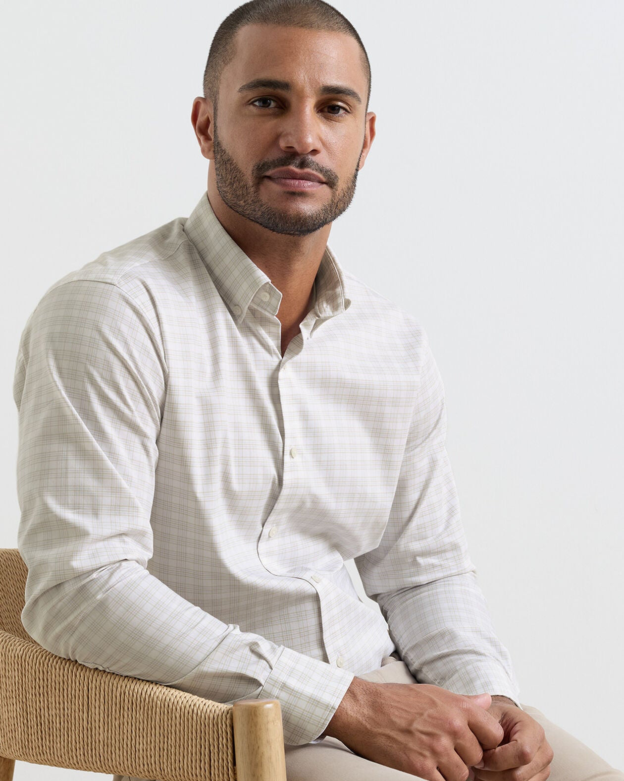 Douglas Crown Lite Cotton-Stretch Sport Shirt in white beige plaid with moisture wicking by PETER MILLAR