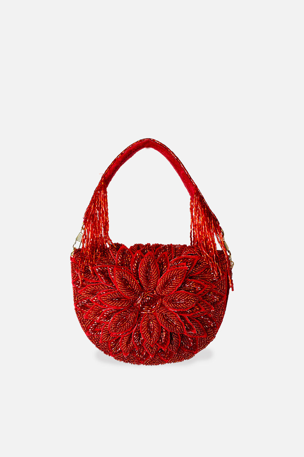 Ruby Dahlia Beaded Handbag with detailed red floral beadwork and beaded fringe, Women's Purses HCO LA CHIC