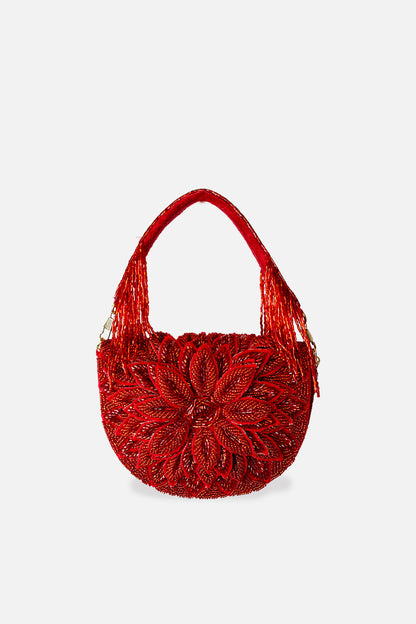 Ruby Dahlia Beaded Handbag with detailed red floral beadwork and beaded fringe, Women's Purses HCO LA CHIC