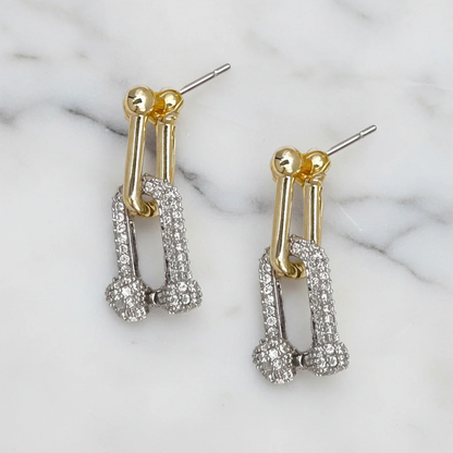 Gold and pavé link drop earrings: silver pavé segments on gold hoops
