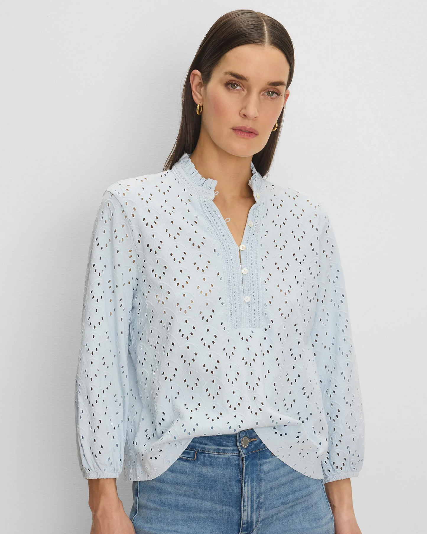 KNIT EYELET RUFFLE NECK TOP