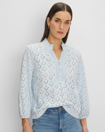 KNIT EYELET RUFFLE NECK TOP