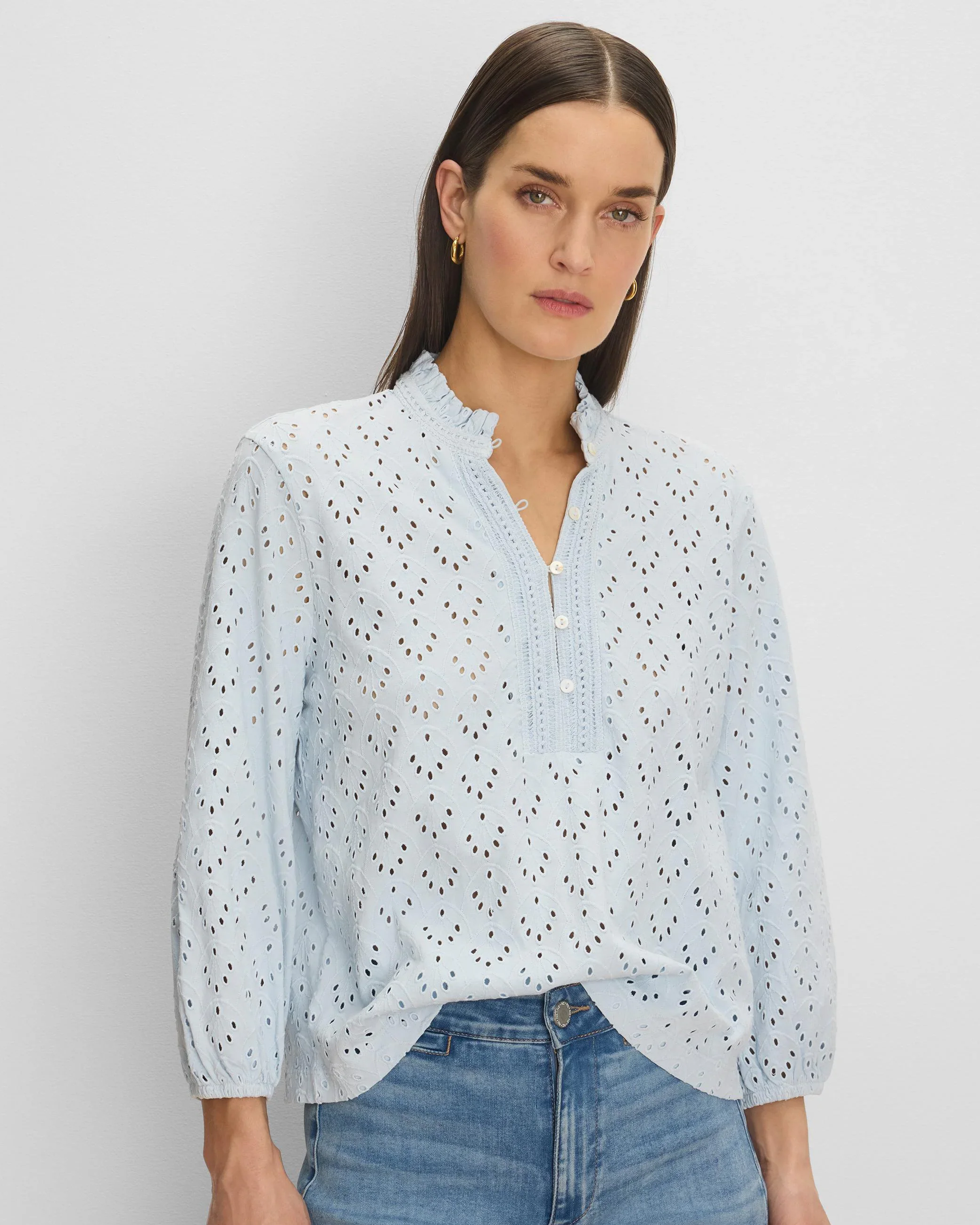 Knit Eyelet Ruffle Neck Top