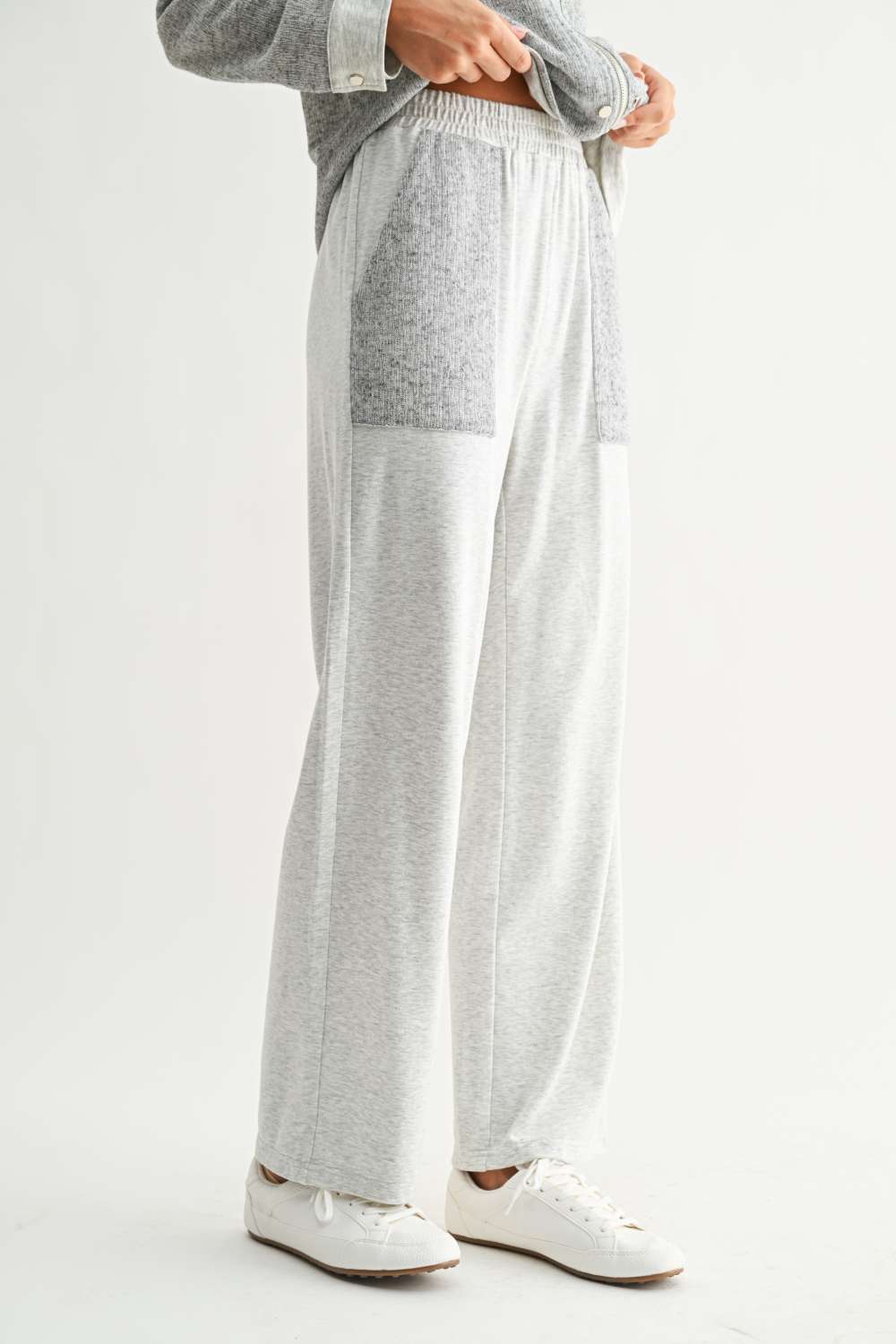 Jeannie Pant in gray and white with relaxed straight leg and contrast patch pockets by JOH APPAREL