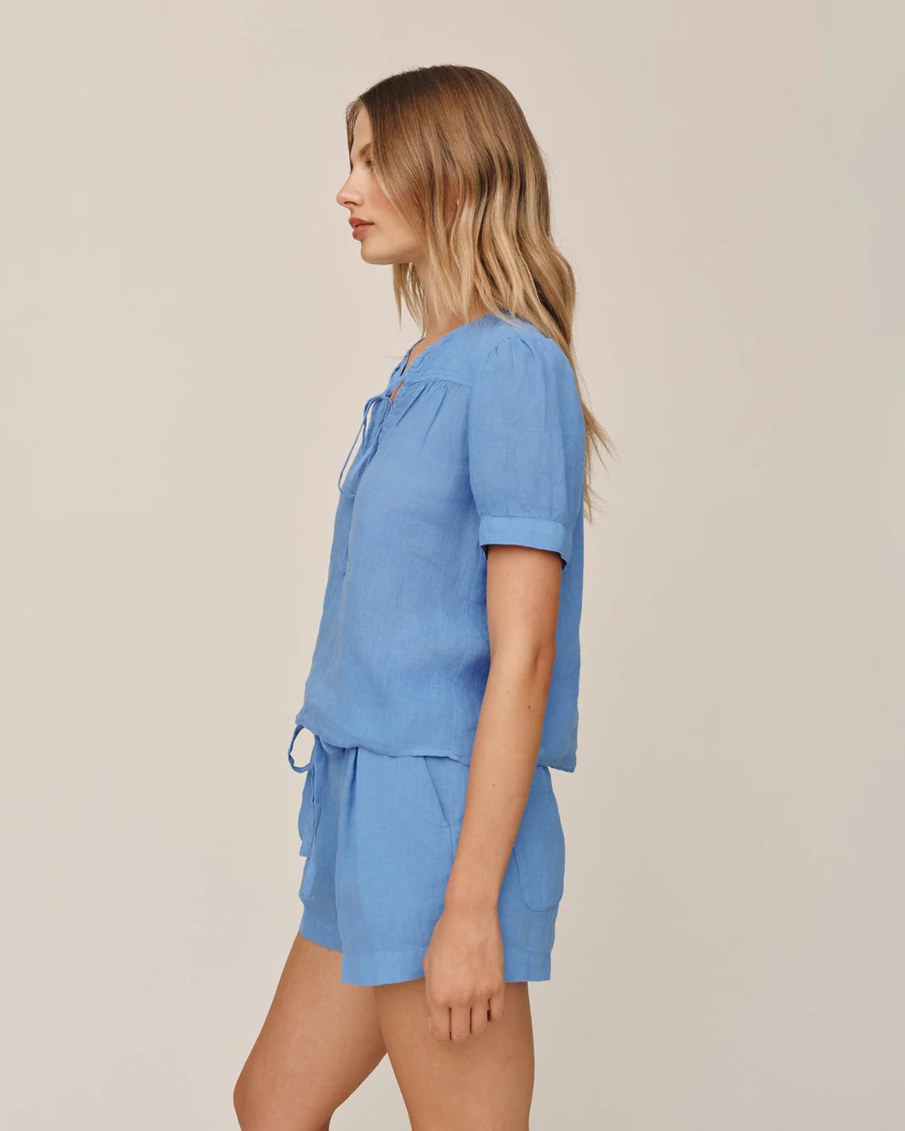 Short Sleeve Flowy Pullover Top in blue linen with square neckline and tie by BELLA DAHL