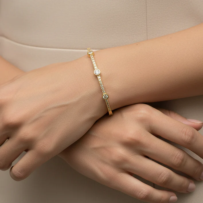 Gold 3-Large CZ Bracelet with striped and dotted accents in 14K gold plated steel by FOSSICK IMPORTS