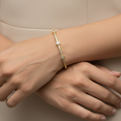 Gold 3-Large CZ Bracelet with striped and dotted accents in 14K gold plated steel by FOSSICK IMPORTS