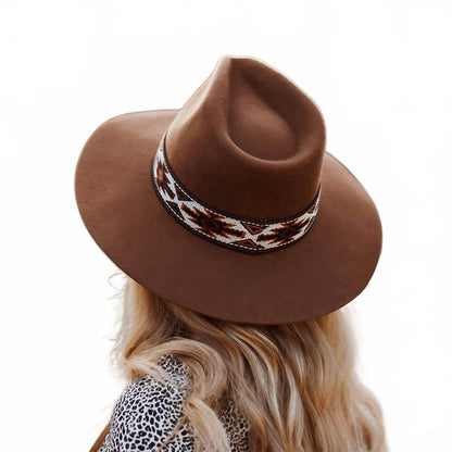 Dona Aztec Band Felt brown wool hat with geometric patterned band, Women's Hats collection