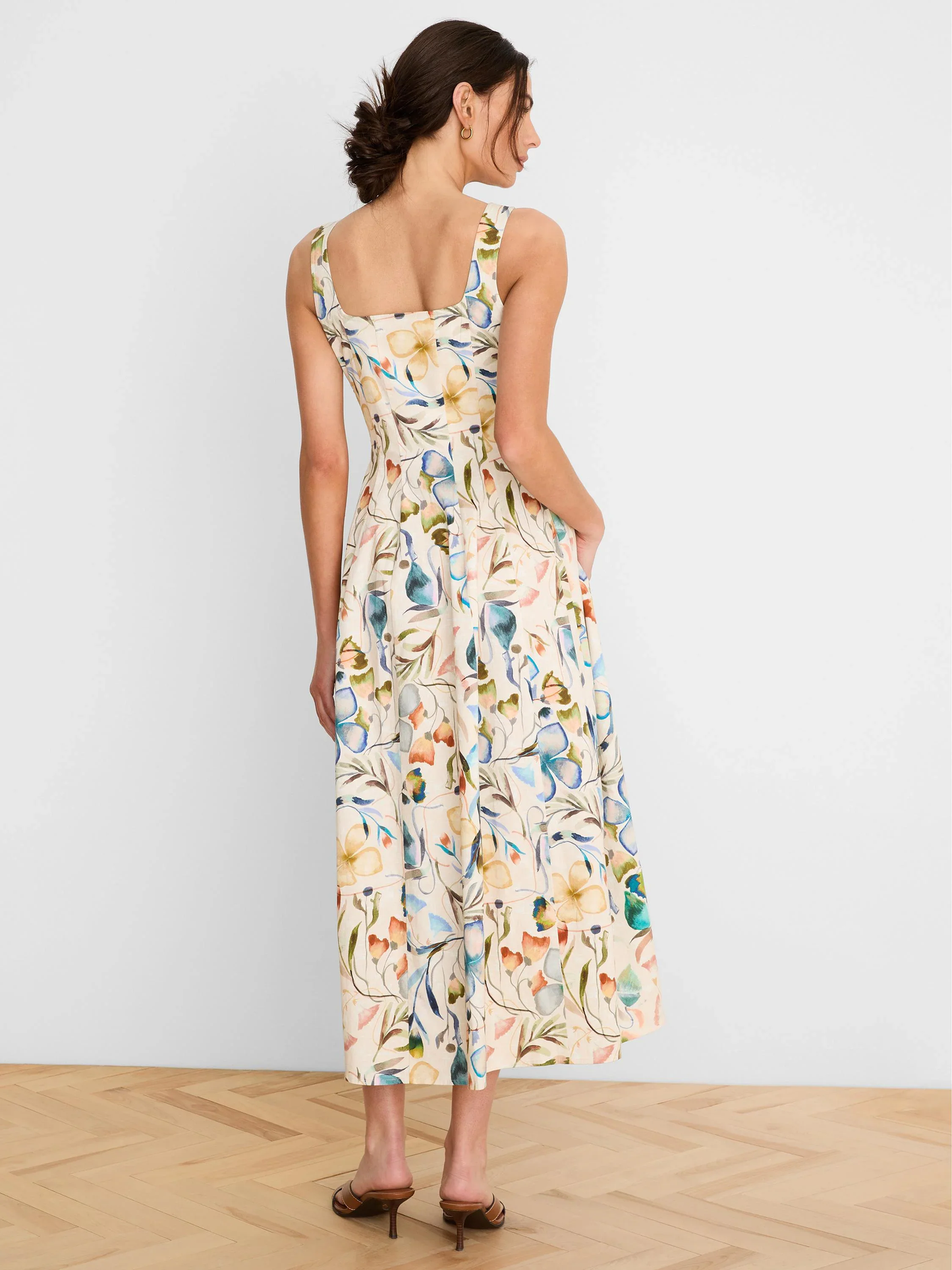 Pressed Flowers Dress in white floral cotton with square neck, princess seams, and flowy fit by NIC AND ZOE