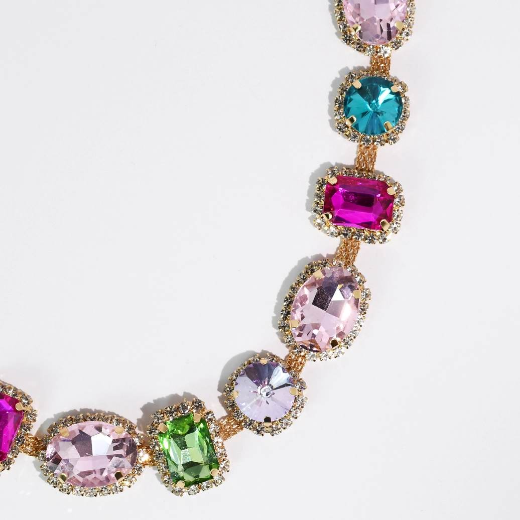 Royal Bloom Necklace with vibrant multicolor faceted gemstones in gold tone from Treasure Jewels