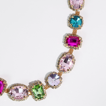 Royal Bloom Necklace with vibrant multicolor faceted gemstones in gold tone from Treasure Jewels