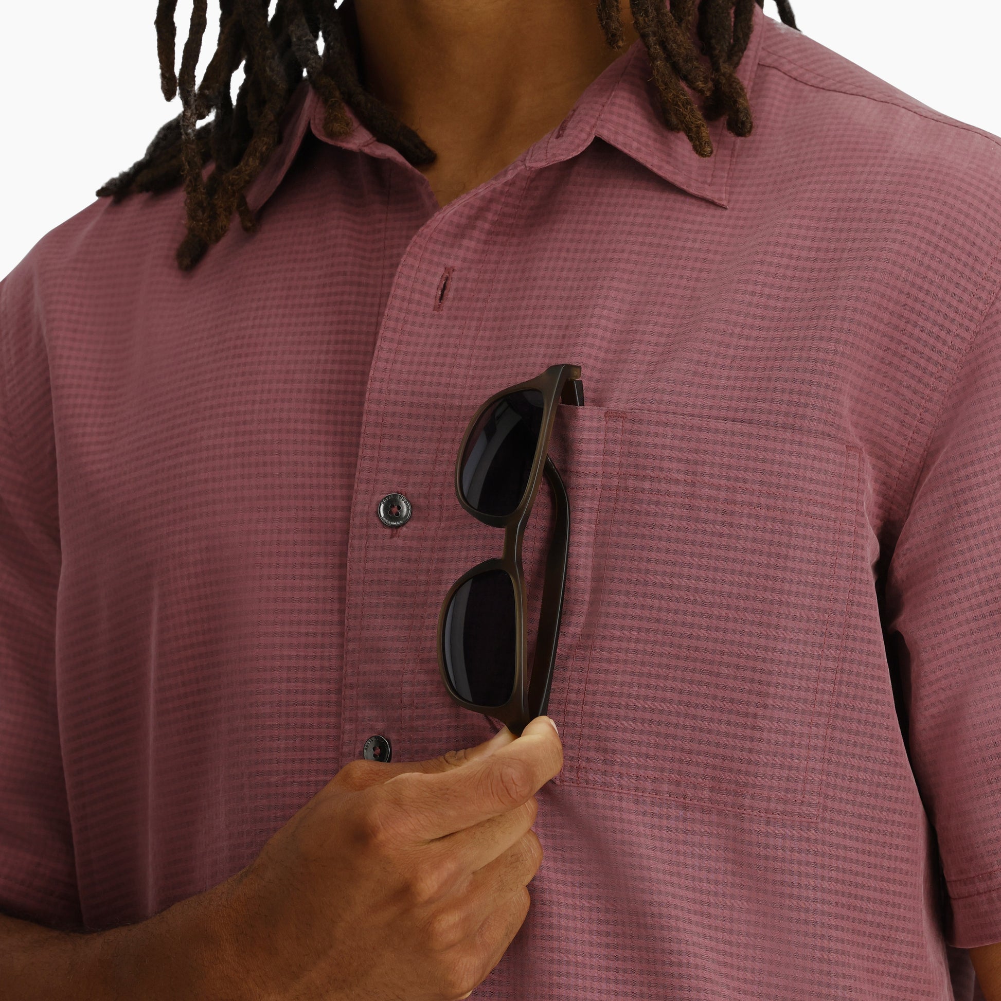 Desert Pucker Dry Short Sleeve - Wild Rhubarb, pink checkered quick-dry men's shirt by ROYAL ROBBINS