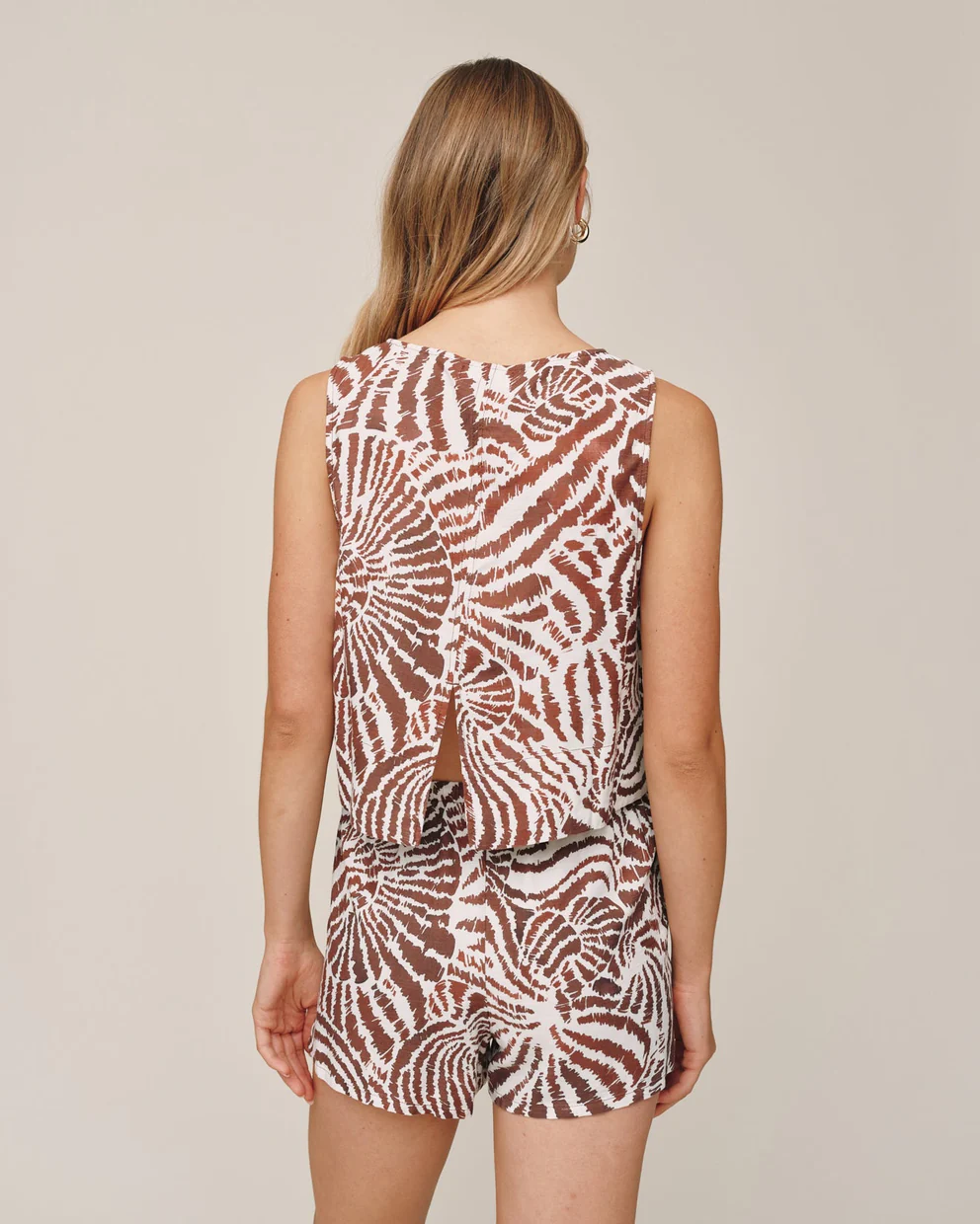 Sleeveless Boat Neck Split Back top in brown white swirl by BELLA DAHL at HCO Fredericksburg