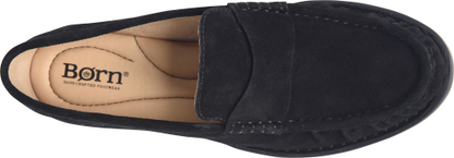 Maris penny loafer in black suede with cushioned insole by BORN, women's shoes at HCO Fredericksburg