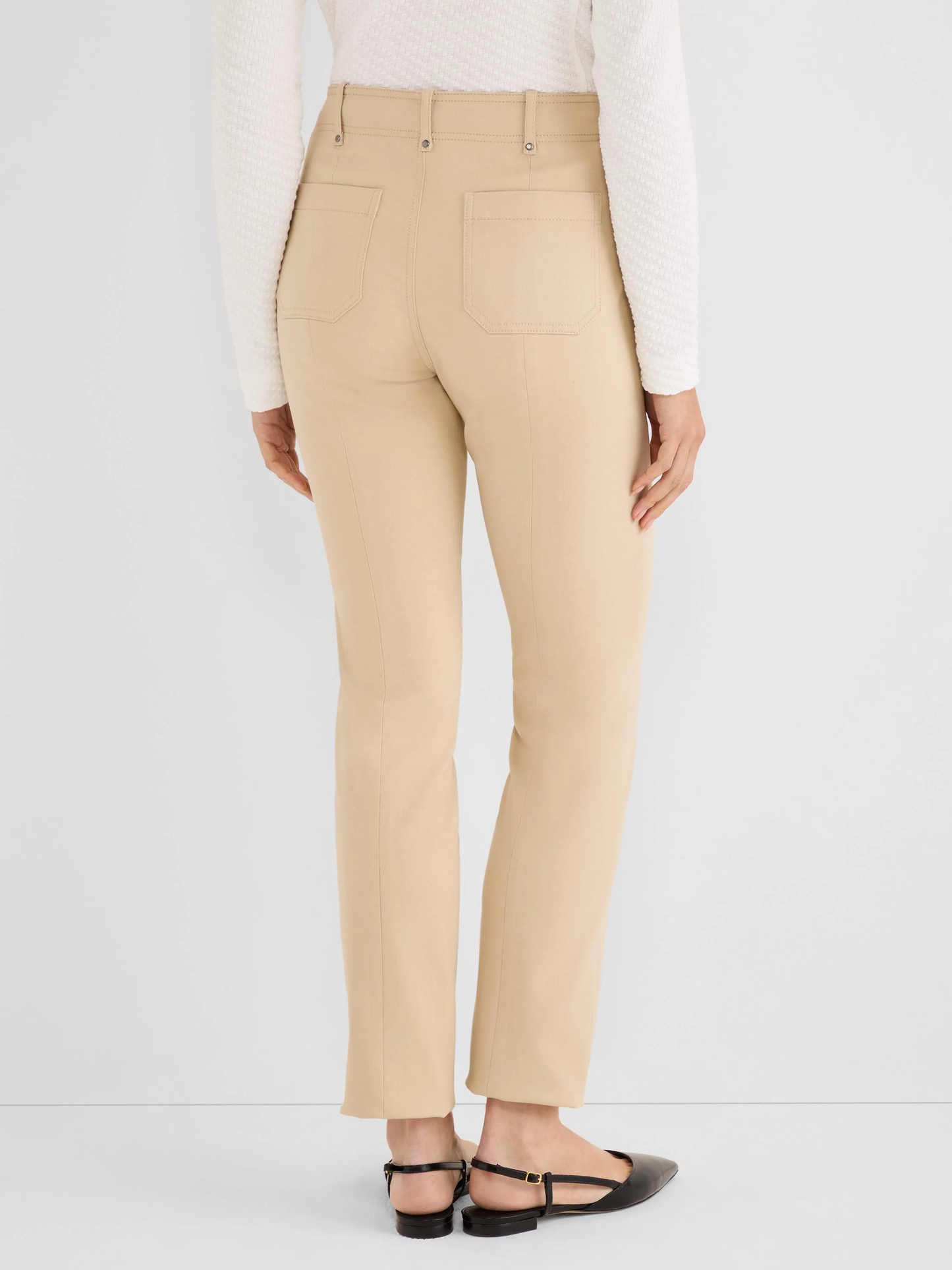 29.5" Copley Straight Wonderstretch Pant in beige stretch fabric styled from back by NIC AND ZOE