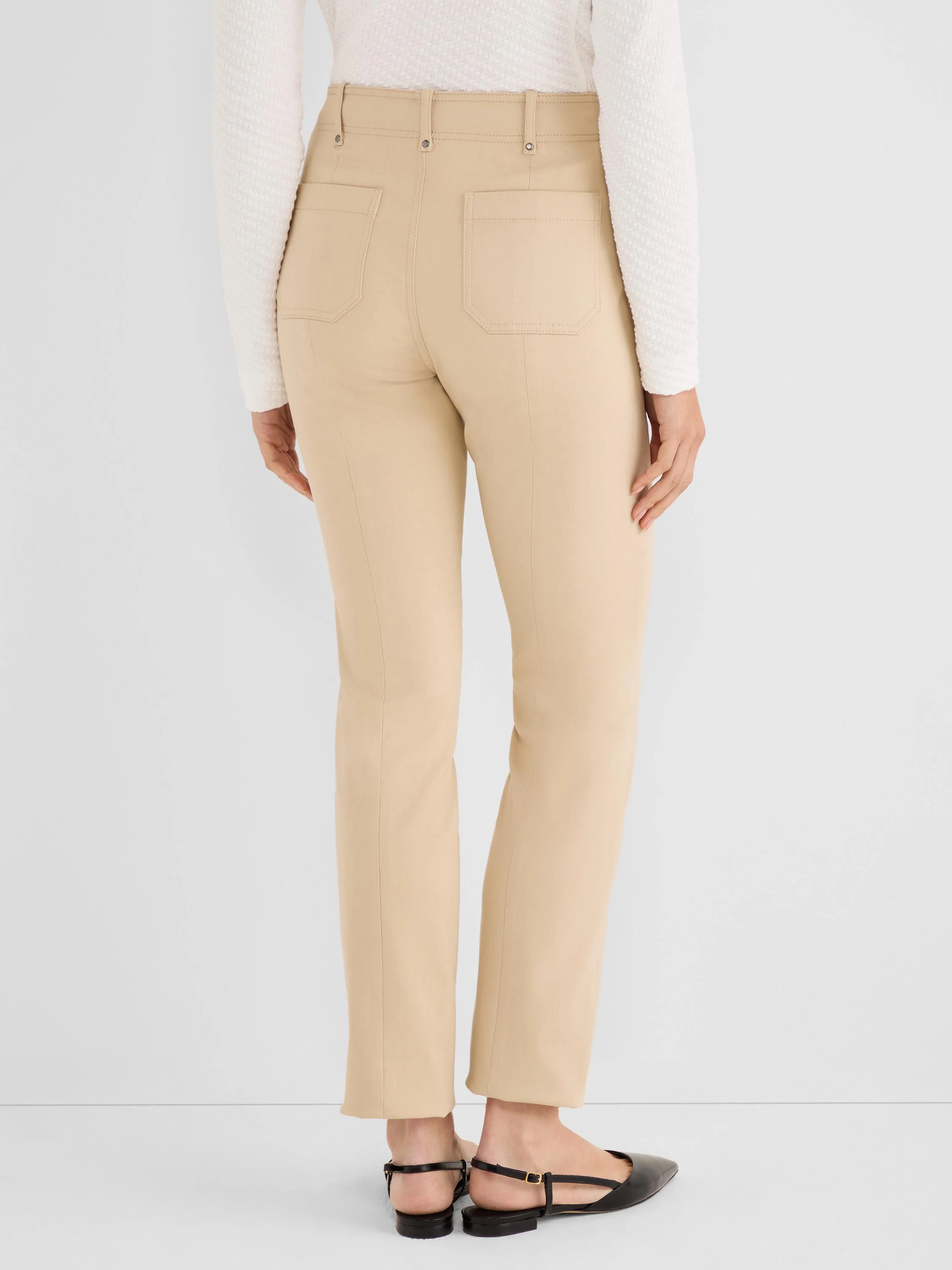 29.5" Copley Straight Wonderstretch Pant in beige stretch fabric styled from back by NIC AND ZOE