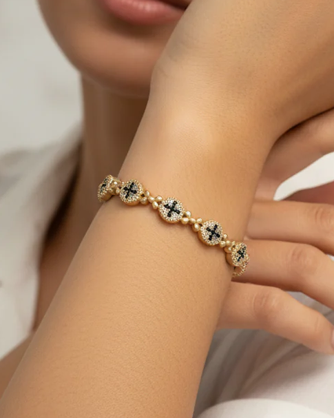 Gold Pave Hematite Cross Bangle