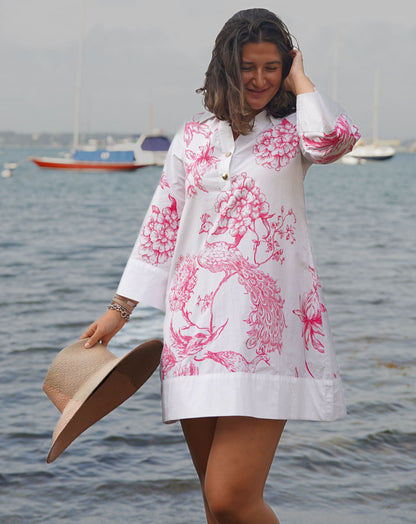 Oceancliff Dress - Peacock in white cotton with pink floral and peacock print by LA PLAGE CABANA