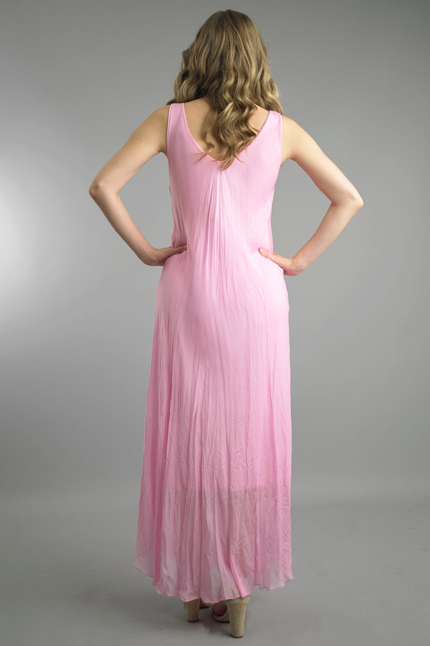Long Bias Dress in pink silk with flowing silhouette, sleeveless scoop back by TEMPO PARIS