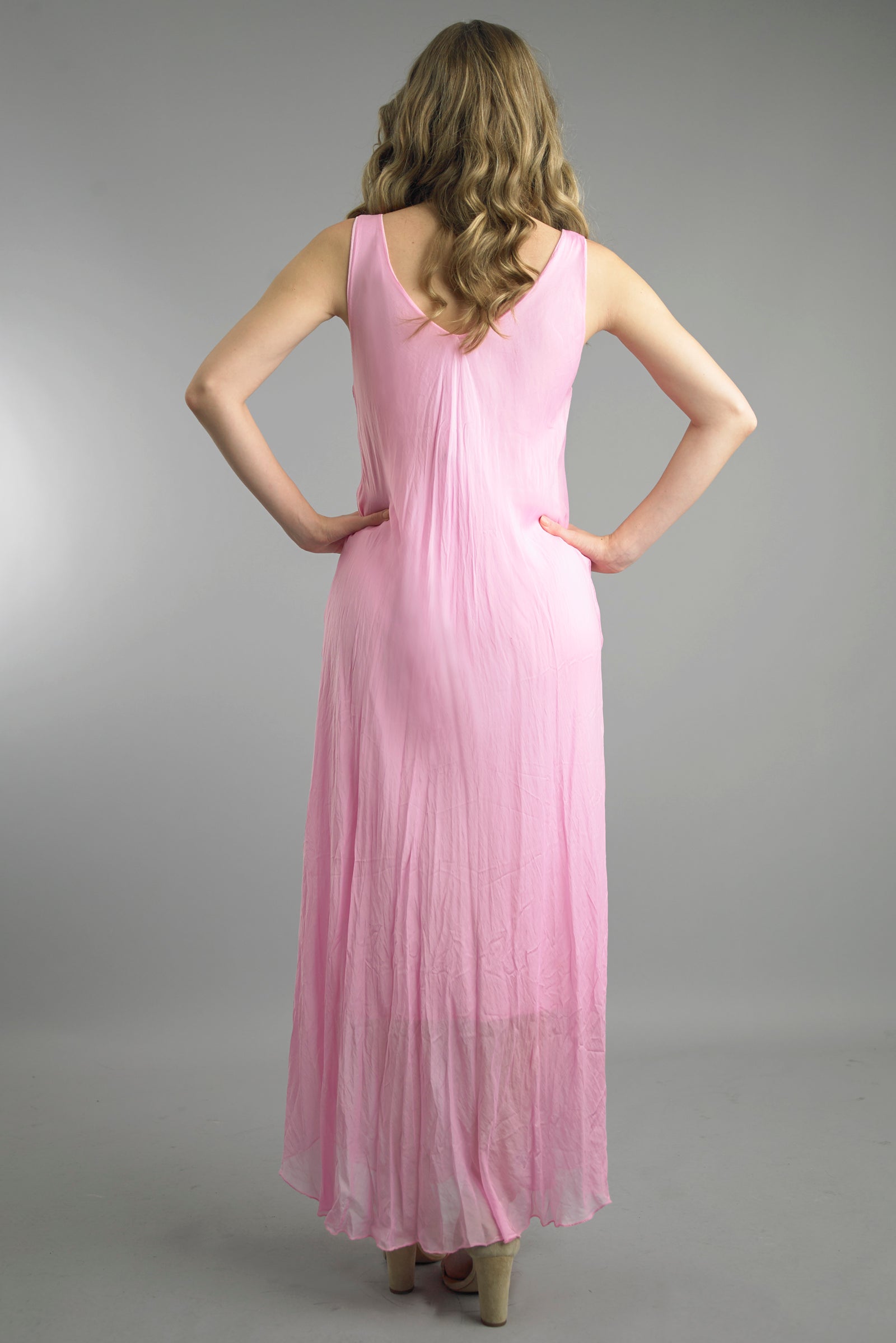 Long Bias Dress in pink silk with flowing silhouette, sleeveless scoop back by TEMPO PARIS
