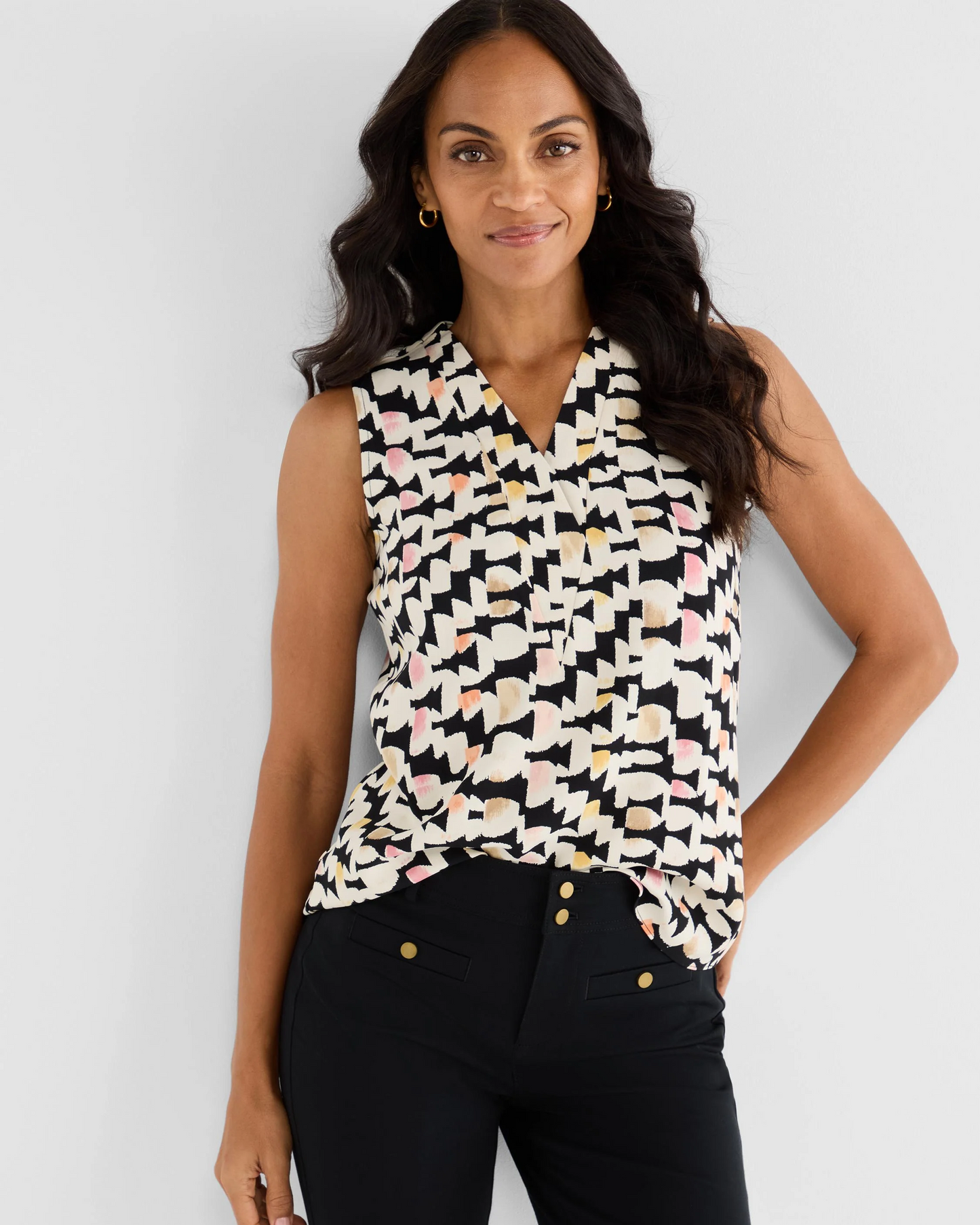 Mod Mix Crepe Tank in multicolor geometric print styled with black pants by NIC AND ZOE