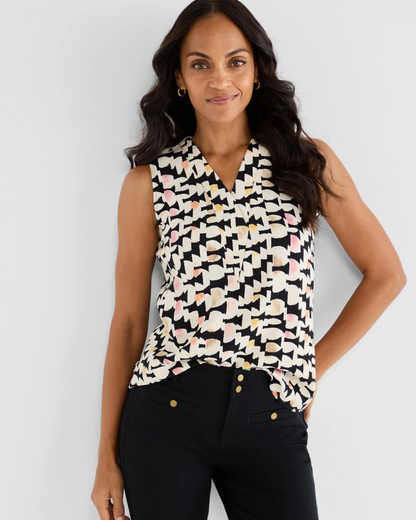 Mod Mix Crepe Tank in multicolor geometric print styled with black pants by NIC AND ZOE