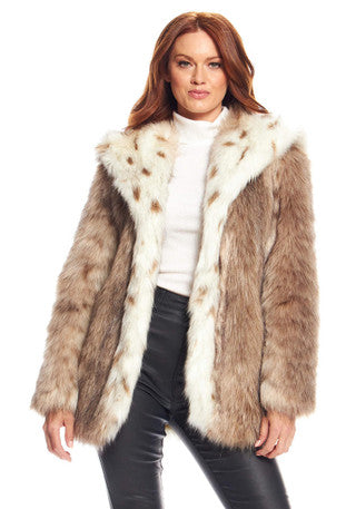 Front view: Hooded lynx fur coat with spotted panels and white trim