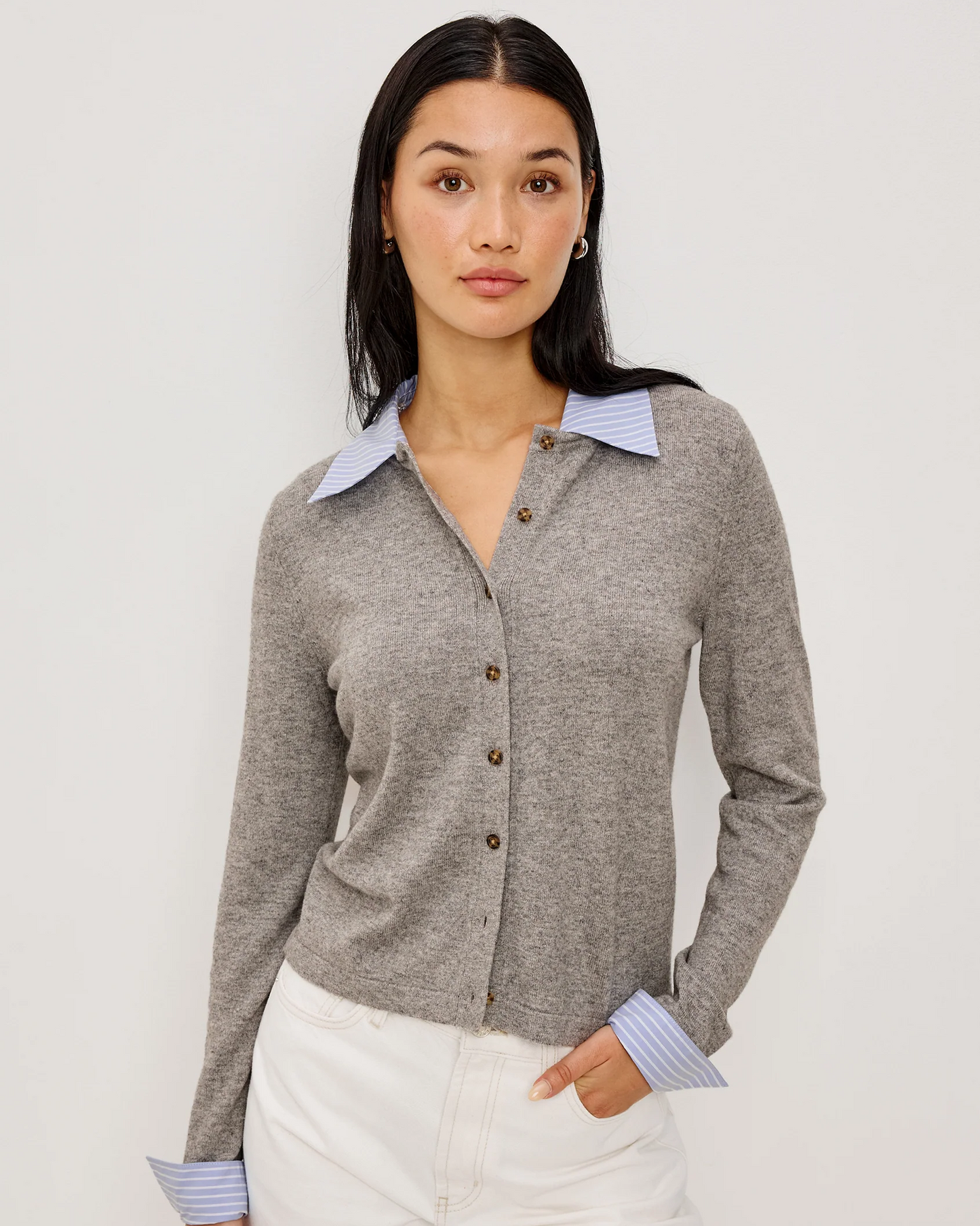 ERYN -HEATHER GREY POPLIN MIX cotton blend cardigan with striped collar and cuffs by RAILS