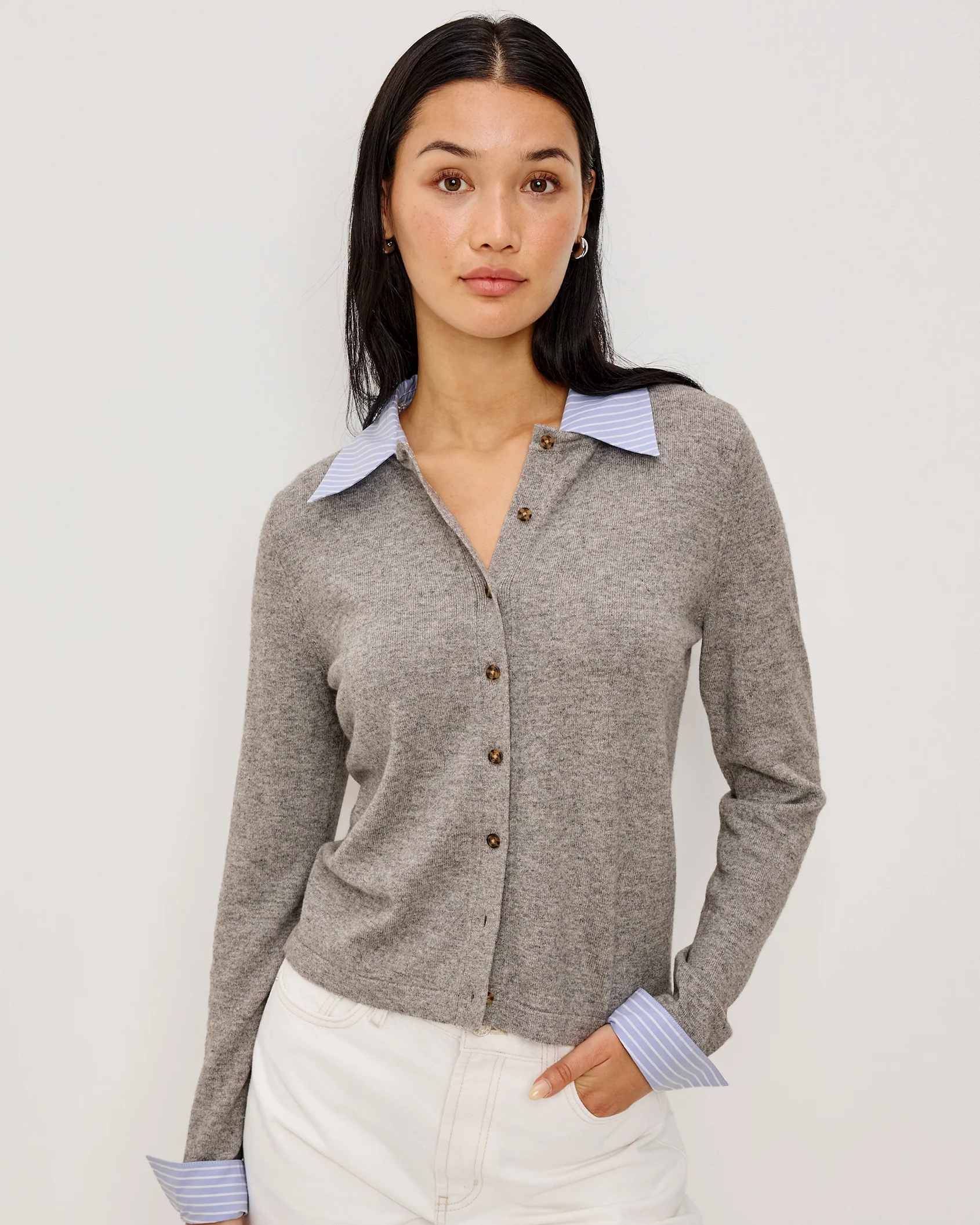ERYN -HEATHER GREY POPLIN MIX cotton blend cardigan with striped collar and cuffs by RAILS