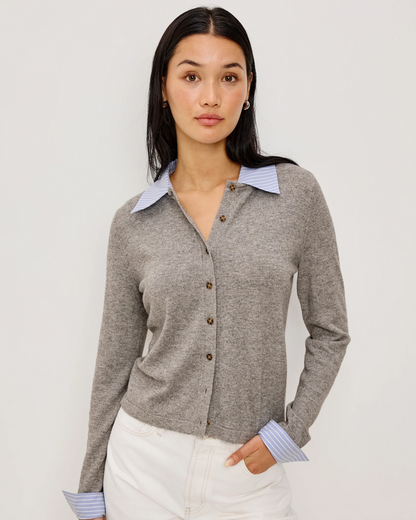 ERYN -HEATHER GREY POPLIN MIX cotton blend cardigan with striped collar and cuffs by RAILS
