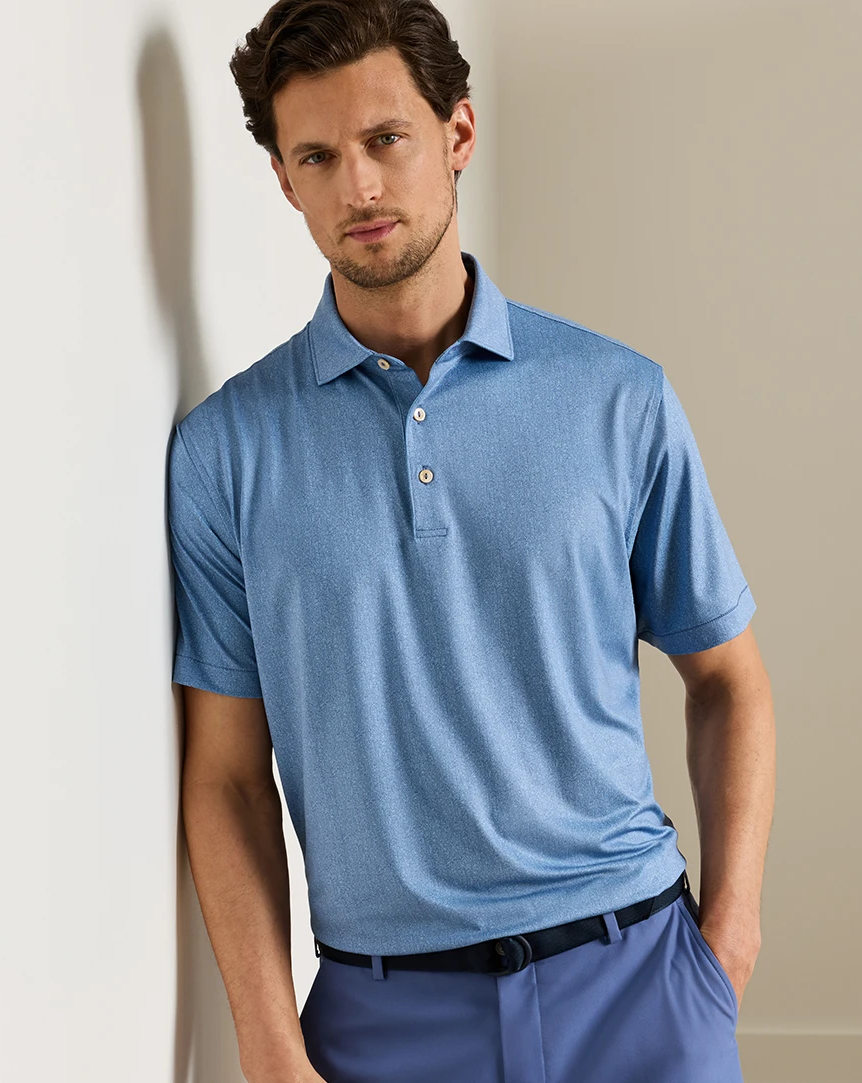 Herringbone Performance Jersey Polo in soft blue with stretch, moisture-wicking, and UPF 50+ protection