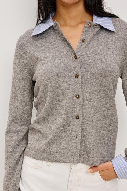ERYN -HEATHER GREY POPLIN MIX gray cotton blend cardigan with removable striped collar and cuffs by RAILS