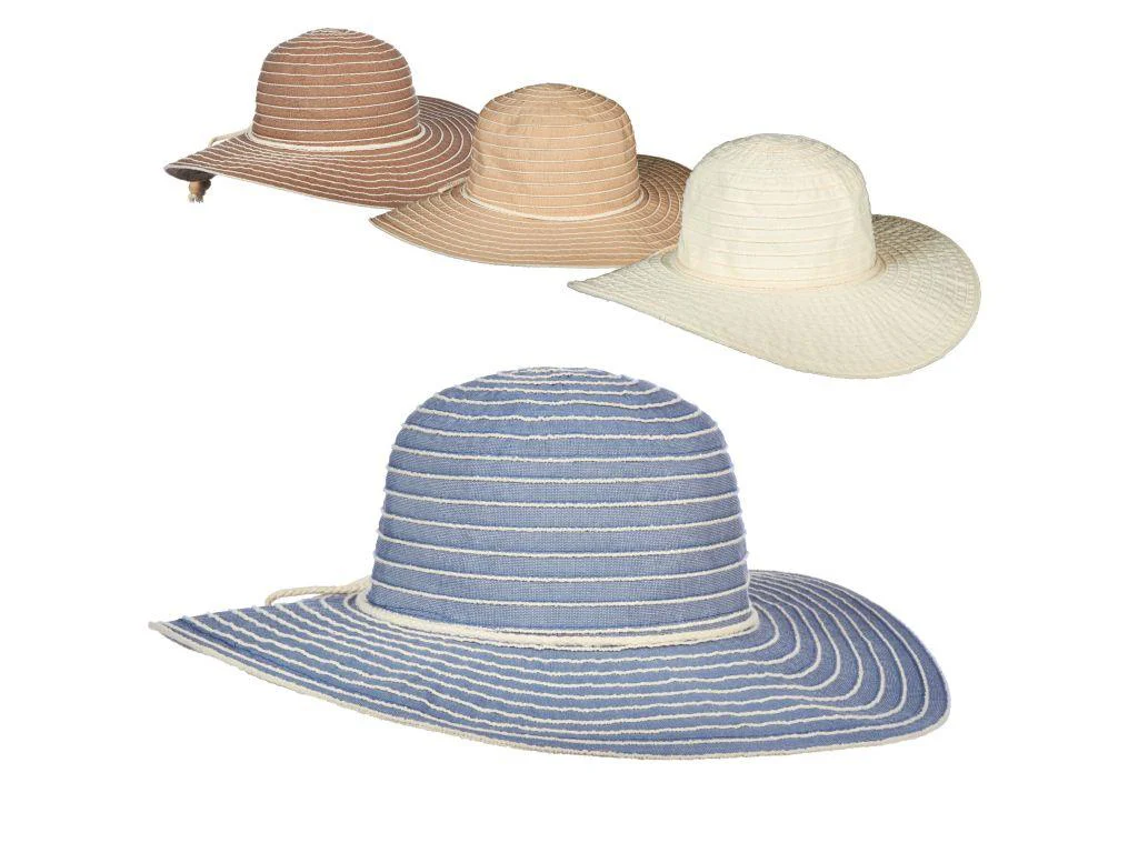 Sonia Ribbon Crown 4" striped wide brim sun hats in blue, brown, beige, and cream curated Fredericksburg