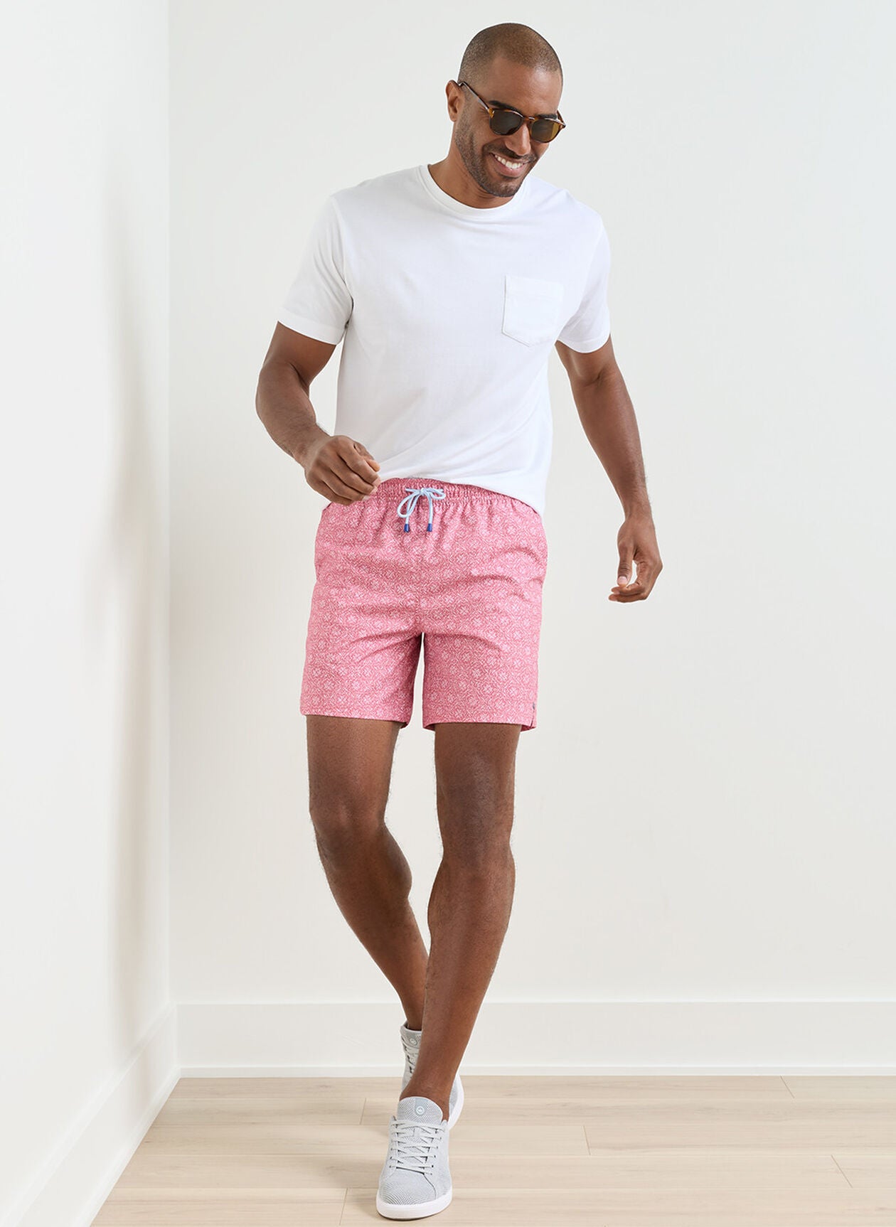 Knox Swim Trunk in pink geometric pattern with quick-dry stretch fabric and elastic waistband