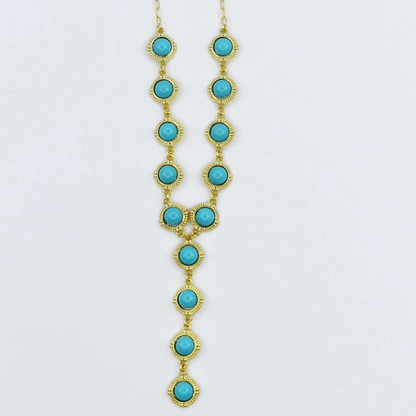 Turquoise Cascade Gold Necklace with turquoise stones in gold settings, artisan-crafted Hill Country style